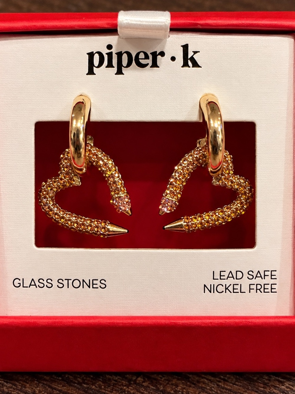 Piper K Heart-Shaped Pencil Earrings – Gold Tone Glass Stones